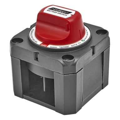 Lähikuva Hamronin pääkytkimestä, jossa on punainen kytkin mustalla ja harmaalla pohjalla, pyöreä etuosa, jossa näkyy ON/OFF ja "BATTERY SWITCH" -tarra.