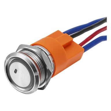Lähikuva Hamronin virtakytkimen LED-valosta, jossa näkyy metallinen painopainike, oranssi liitin ja kolme johtoa: sininen, musta ja punainen.