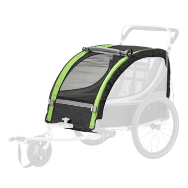Närbild på grönt och svart tygtak med nätlock med dragkedja på en cykeltrailer, resten av trailern visas som en transparent kontur.