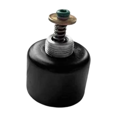 Närbild på en manuell ventil för färgsprutan, som visar dess svarta cylindriska kropp med en exponerad metallfjäder och bricka ovanpå.