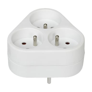 Biały, trójkątny adapter elektryczny Anslut Multi-plug z trzema okrągłymi gniazdkami i metalowymi bolcami, zaprojektowany do podłączania do gniazdka w celu podłączenia kilku urządzeń jednocześnie.