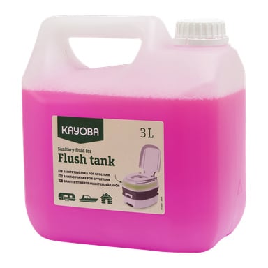 En 3-liters rosa Kayoba sanitetsvätskebehållare med ett handtag, som visar produktdetaljer och en bild på en portabel toalett på etiketten.