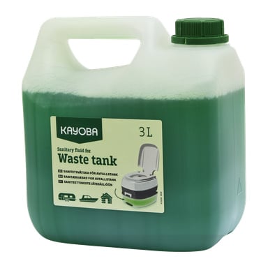 Grön 3-liters Kayoba sanitetsvätskebehållare för avfallstankar, med ikoner för husbil, båt och toalett, handtag och skruvlock.