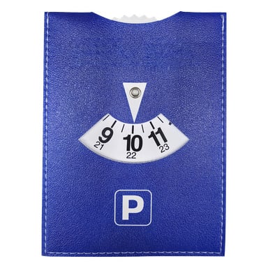 Eine blaue Hamron-Parkscheibe mit weißen Nähten, ein weißes Parksymbol und ein Zifferblatt auf 10:00 Uhr zwischen 9 und 12 Uhr.