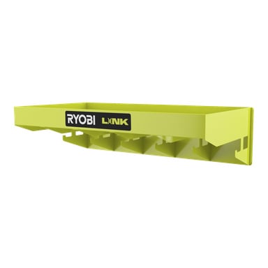 Gul Ryobi LINK RSLW402 hylle har skrå spor og kroker for verktøy, med en Ryobi Link-logo på forsiden.