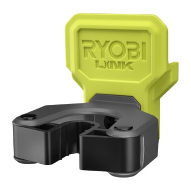 Ryobi Clamp Hook LINK RSLW824 har gul LINK-bakside og svart U-formet holder, flott for å henge opp verktøy eller utstyr.