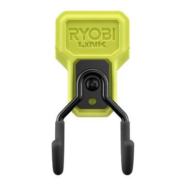 Ryobi LINK RSLW816 verktøykrok med gul plastbase og svart dobbel metallkrok, designet for å henge opp og oppbevare verktøy.