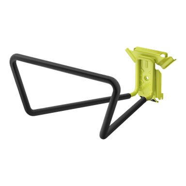 Ryobi LINK RSLW804 sykkelstativ har en svart, polstret trekantramme og gult feste, som holder sykkelen horisontalt i rammen.