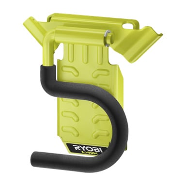 Ryobi LINK RSLW802 hageverktøykroken har en gul, teksturert bakplate og en svart buet metallkrok med polstring for veggmontering.
