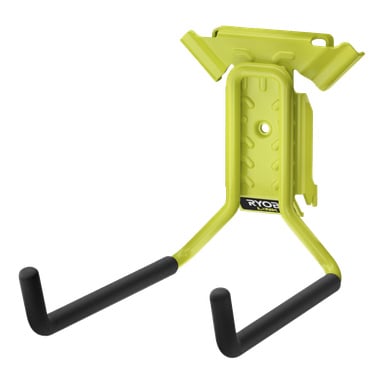 Ryobi LINK RSLW803 grønne veggfeste har to svarte skumkroker for å henge opp verktøy, med skruehull for montering.