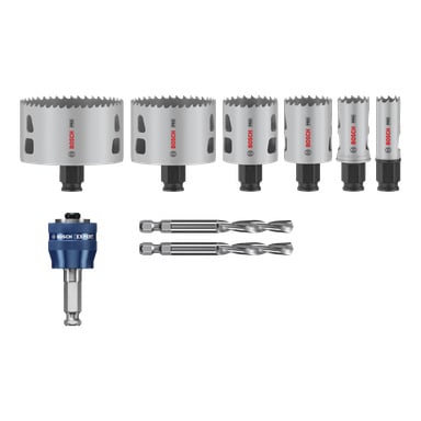 Bosch Pro Set sisältää 9 BIM Power Change -reikäsahaa, erilaisia poranteriä ja akselisovittimen, kaikki rivissä rivissä.