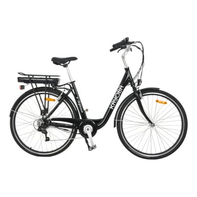 Kayoba E-legance är en svart stads-elcykel med step-through-ram, bakre paketbatteri, upprätt styr och skärmar.