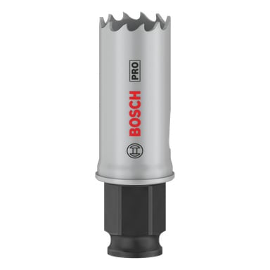 Lähikuva Bosch Pro Hole Saw BIM Power Change -mallista, jossa näkyy sen sylinterimäinen runko, sahalaitainen reuna, kuusiokolopohja, logo ja metallimerkinnät.