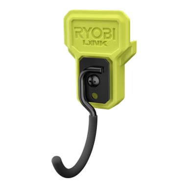 Ryobi J-hook LINK RSLW815 har gule og svarte farger og en buet, polstret arm for å henge opp verktøy eller utstyr på veggen.