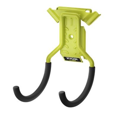 Gul veggmontert Ryobi LINK RSLW805 verktøykrok med to svarte gummibelagte armer, rektangulær base og front-logo for Ryobi.