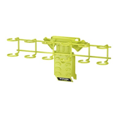 Gul Ryobi LINK RSLW807 skrutrekkerholder med flere runde spor, egnet for montering på vegg eller stativ.