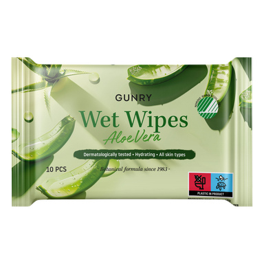 Gunry Aloe Vera våtservetter 10-pack med aloeblad på grönt, med fokus på återfuktande, milda servetter för alla hudtyper.