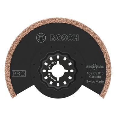 Bosch Pro ACZ85RT3 puolikuun karbiditerä, keskellä lovi, STARLOCK-kiinnike, merkitty PRO mineraalikäyttöön, valmistettu Sveitsissä.