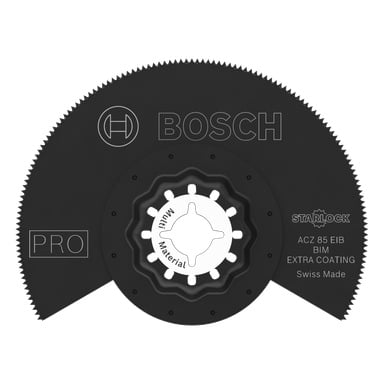 Lähikuva Bosch Prosta ACZ85EIB sahaterä värähteleville työkaluille, sahalaitaiset reunat, merkitty PRO, BIM EXTRA -PINNOITE, Sveitsiläinen.