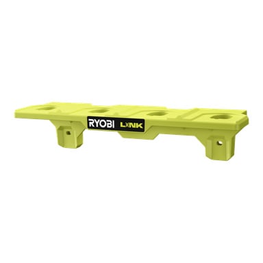 Gul Ryobi LINK RSLW818 batterihylle med fire monteringshull og en svart/gul Ryobi LINK-logo i midten.