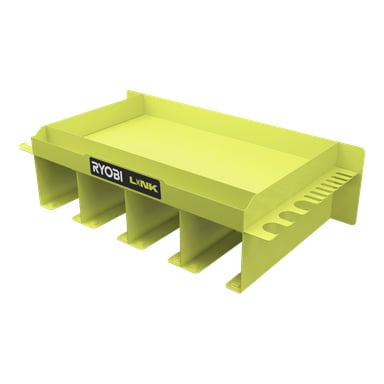 Ryobi Tool Hanger Shelf LINK RSLW401, gul, monteres på veggen med fem vertikale spor og verktøyholdere på høyre side for organisering.