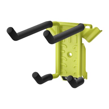 Gul og svart Ryobi Double Hook LINK RSLW810, veggmontert med fire skumpolstrede kroker for oppbevaring av verktøy eller utstyr.