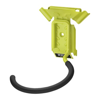 Ryobi LINK RSLW809 er en gul og svart veggkrok med flat bakplate og polstret buet krok for oppbevaring av verktøy eller utstyr.