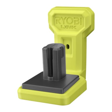 Gul och svart Ryobi LINK RSLW817 ONE+ verktygshållare, väggmonterbar med förvaringsplats; LINK-logotypen finns på den övre delen.