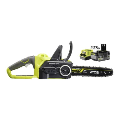 En Ryobi One+ batteridriven motorsåg RCS1830-150F med ett 12-tums blad står bredvid ett "5,0Ah litiumbatteri" och laddare, vilket visar kedjans och handtagets funktioner.