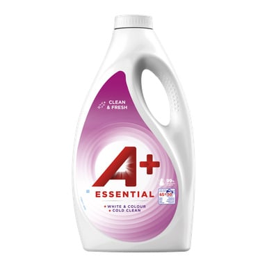 A+ Vaskemiddel Essential i en hvit og lilla flaske med håndtak, som viser "Clean & Fresh", bruksinformasjon og produktdetaljer.