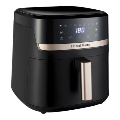 Svart Russell Hobbs Satisfry Airfryer med silverhandtag, digital display som visar 180 grader och en pekskärm för matlagningsfunktioner.