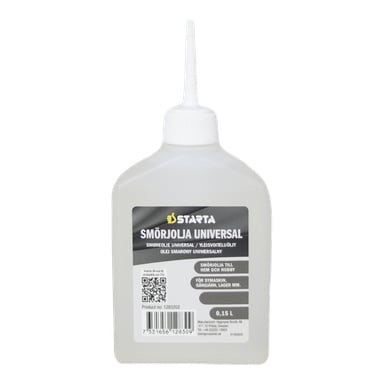 En 0,15L vit plastflaska med smörjolja i plast med ett spetsigt munstycke, flerspråkig etikett och en QR-kod.