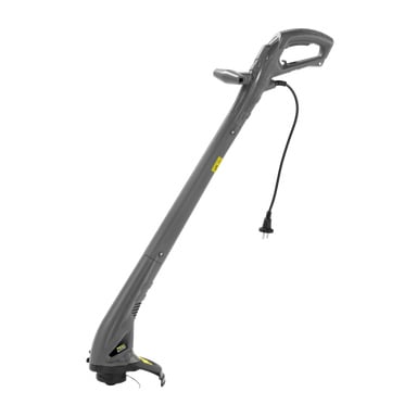 Meec Tools Eldriven grästrimmer är en grå elektrisk grästrimmer med ett långt handtag, två gula etiketter, en svart nätsladd och en tvåpolig stickkontakt, mot en vit bakgrund.