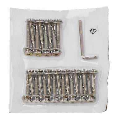 Sexton silverfärgade väggankare med utvidgade ändar och en L-formad insexnyckel organiserad i ett plastpaket med två fack.