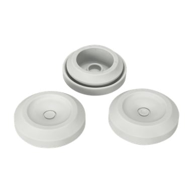 Tre runde hvite Rutab-plastplater fra en 10-pakning, hver med en innfelt midt – en skive er stablet oppå en annen, mens de to andre ligger flatt.