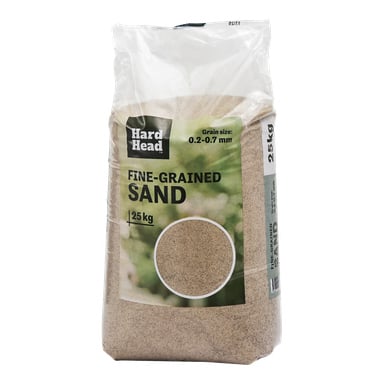 En 25 kg hård huvud finkornig sandsäck med 0,2–0,7 mm kornstorlek och en genomskinlig panel som visar sanden inuti.