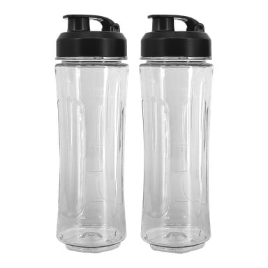 Två identiska Menuett Shaker-flaskor står upprätt bredvid varandra. De transparenta plastflaskorna har svarta skruvlock, måttmarkeringar längs sidorna och en enkel cylindrisk form.