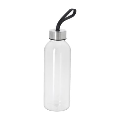 Kayoba vattenflaska med genomskinlig plastkropp, silverfärgat skruvlock och svart rem som var uppslängd genom locket.
