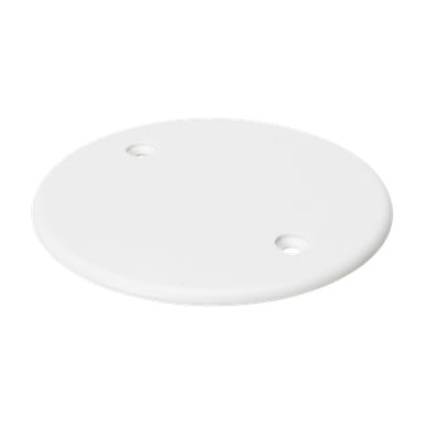 Et rundt, hvitt plastdeksel med flat overflate og to sentrale hull.