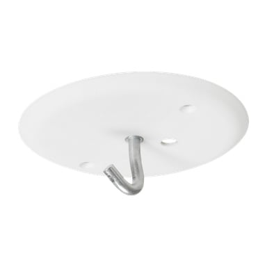 Anslut takdekselet er en hvit, rund plate beregnet for tak, med tre skruehull og en sentral metallkrok som henger ned.