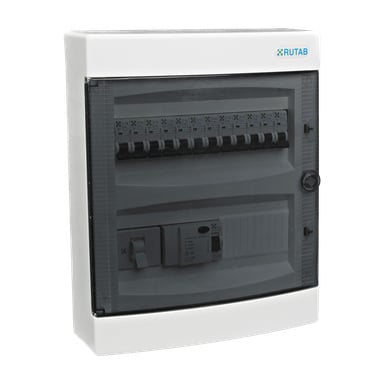 Ett Rutab vitt DIN-rälshölje med ett genomskinligt lock visar flera säkringar och brytare inuti. Panelen är stängd och etiketter kan ses på komponenterna inuti.
