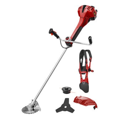 En rød og svart Meec Tools Brush Cutter vises, komplett med metallblad, spole, tretagget blad, beskyttelsesbeskytter og polstret sele.
