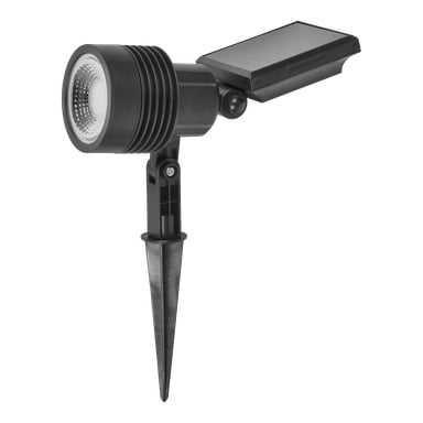 Anslut LED-solstrålkastaren har en svart rund justerbar lampa, en rektangulär solpanel och levereras med en markstake för utomhus.