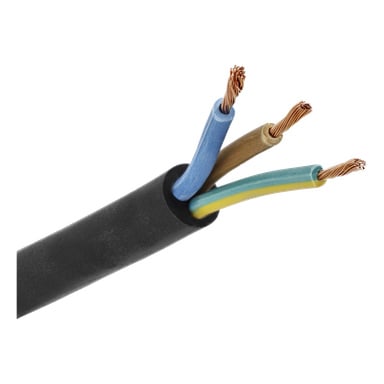 Närbild på Anslut RDOE-kabel med svart yttre lager avskalat, vilket avslöjar blå, bruna och gulgröna trådar som blottlägger koppartrådar.