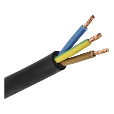 Närbild på en Anslut RDOE-kabel med utskakad ände, med blå, gulgröna och bruna trådar med bara koppartrådar.