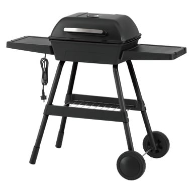 Burns & Barkles bærbar elektrisk grill, svart med lukket lokk, sidehyller, bunnstativ, to hjul og strømkabel på venstre side.