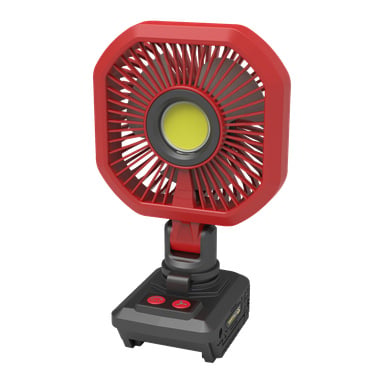 Kompaktowy wentylator Meec Tools FA-18V HOME 300 z czerwoną atrapą chłodnicy, żółtym środkiem, czarną podstawą, czerwonymi przyciskami i portem do ładowania USB.