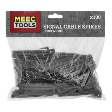 Eine transparente Tasche enthält 100 schwarze Signal-Kabelspitzen für einen Robotermäher, mit der Aufschrift MEEC TOOLS, SIGNAL CABLE SPIKES, x100.