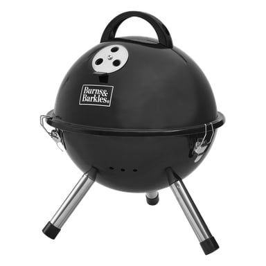 Svart, rund bærbar vannkokergrill med kuppelformet lokk, metallhåndtak, luftventil og tre sølvben. Merkelogo på lokket.