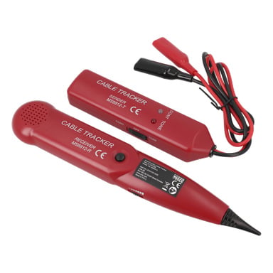 Ein rotes Kabel-Tracker-Set enthält einen Sender, einen Empfänger mit Steuertasten und ein Kabel, das in zwei Alligatorklammern endet.